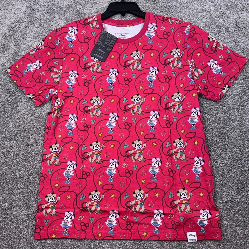 Loungefly Disney Western Mickey Minnie Lasso Unisex Tee Red Large NEW